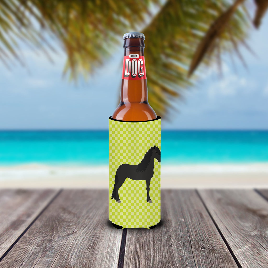 Friesian Horse Green Slim Can Hugger , Insulated Foam Hugger for 12 oz Slim Cans, Beer Bottles & Water Bottles, Printed in USA