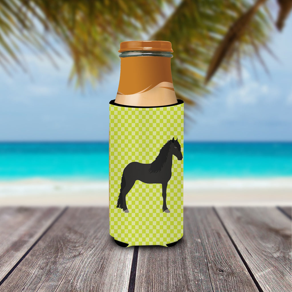 Friesian Horse Green Slim Can Hugger , Insulated Foam Hugger for 12 oz Slim Cans, Beer Bottles & Water Bottles, Printed in USA