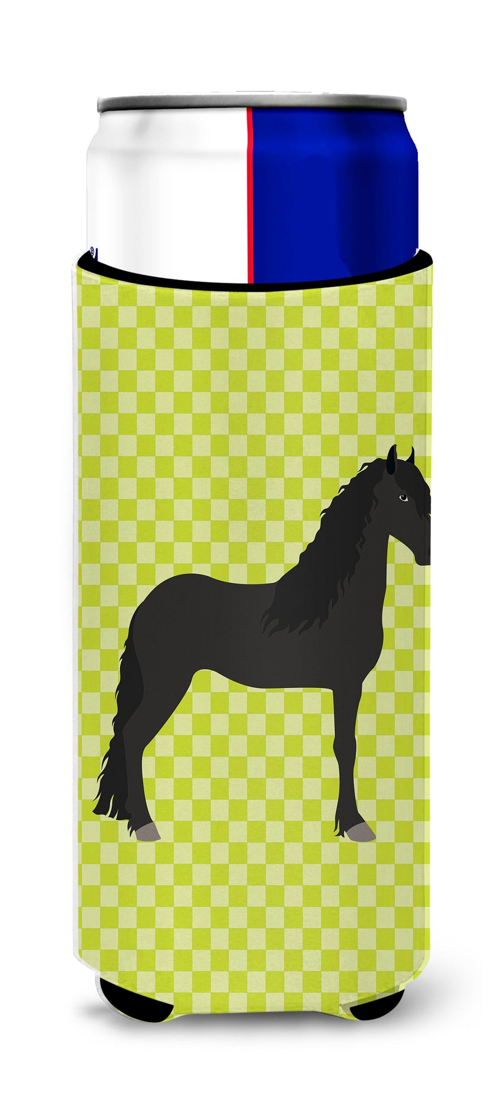 Friesian Horse Green Slim Can Hugger , Insulated Foam Hugger for 12 oz Slim Cans, Beer Bottles & Water Bottles, Printed in USA