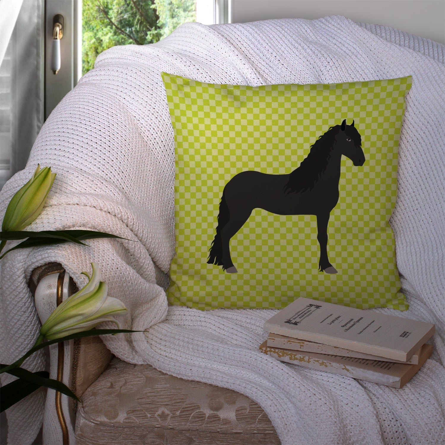Friesian Horse Green Decorative Throw Pillow 14x14 Indoor Outdoor Accent Cushion, Fabric Cover with Insert for Sofa, Bed, Porch & Living Room