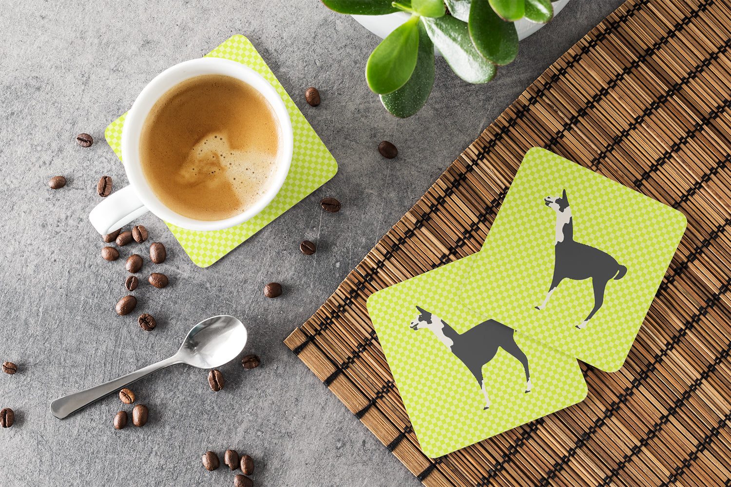 Llama Q' Ara Green Foam Coasters Set of 4 Cup Coasters for Indoor Outdoor, Tabletop Protection, Anti Slip, Mouse pad Material