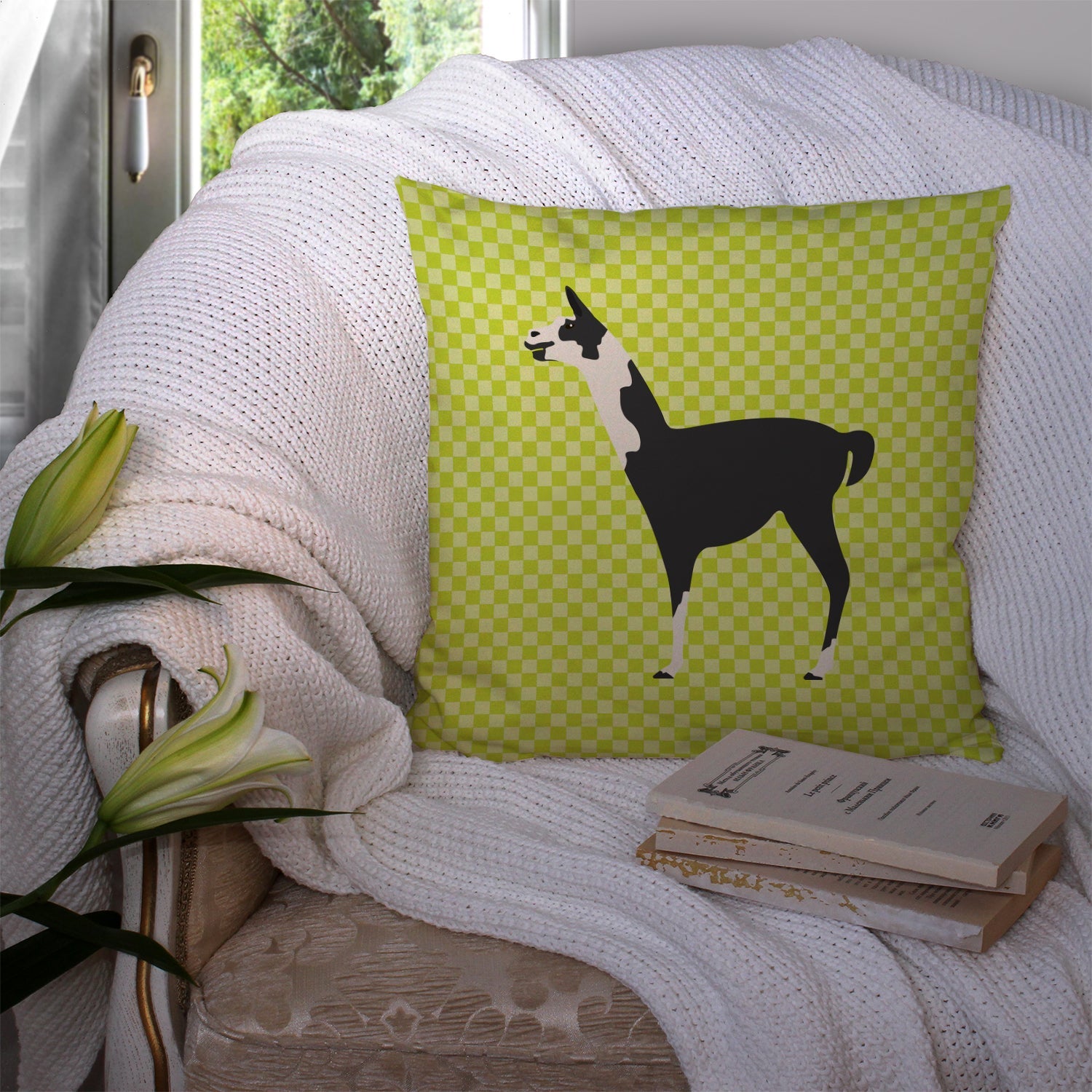 Llama Q' Ara Green Decorative Throw Pillow 14x14 Indoor Outdoor Accent Cushion, Fabric Cover with Insert for Sofa, Bed, Porch & Living Room