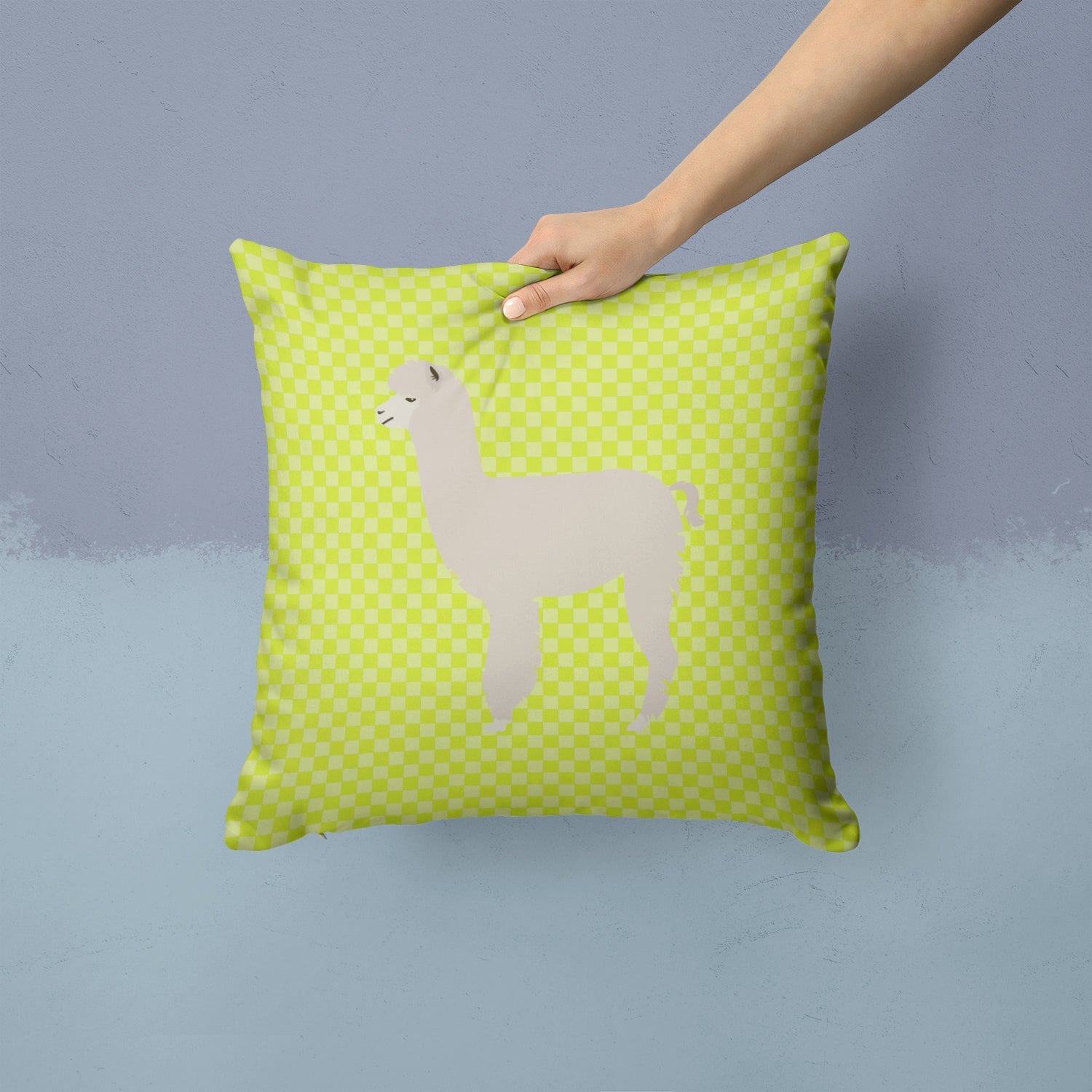 Alpaca Green Decorative Throw Pillow 14x14 Indoor Outdoor Accent Cushion, Fabric Cover with Insert for Sofa, Bed, Porch & Living Room