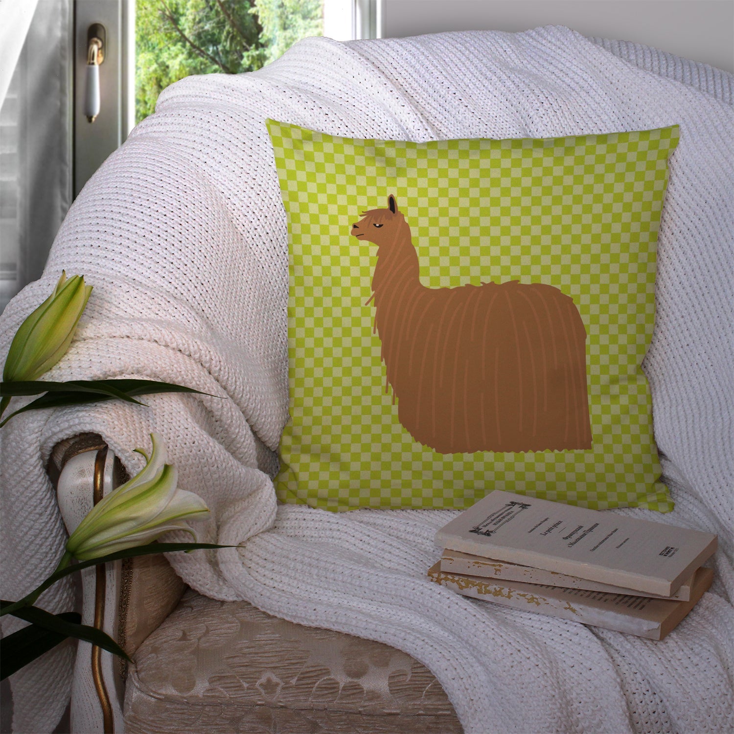 Alpaca Suri Green Decorative Throw Pillow 14x14 Indoor Outdoor Accent Cushion, Fabric Cover with Insert for Sofa, Bed, Porch & Living Room