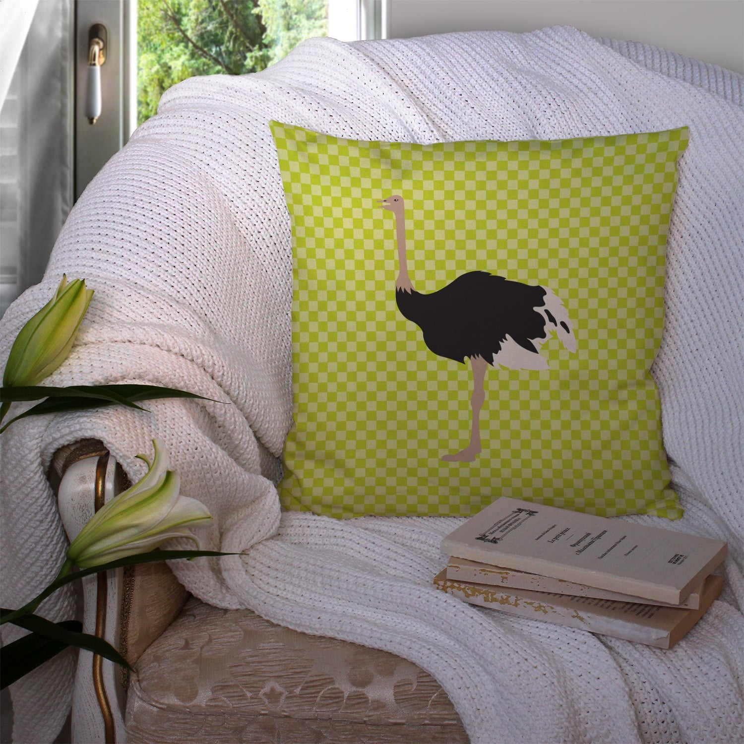 Common Ostrich Green Decorative Throw Pillow 14x14 Indoor Outdoor Accent Cushion, Fabric Cover with Insert for Sofa, Bed, Porch & Living Room