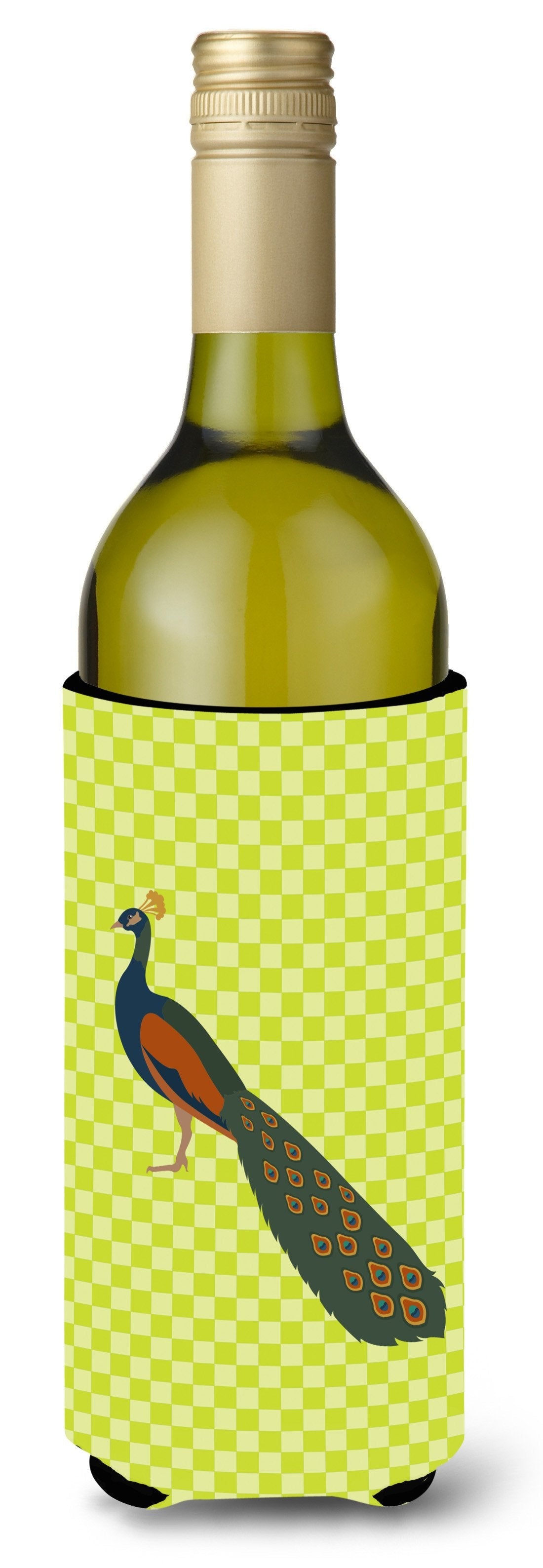 Indian Peacock Peafowl Green Wine Bottle Hugger Gift Sleeve for Standard 750 ml Bottles, Insulated Reusable Also Fits Mini Shot & Pint Bottles