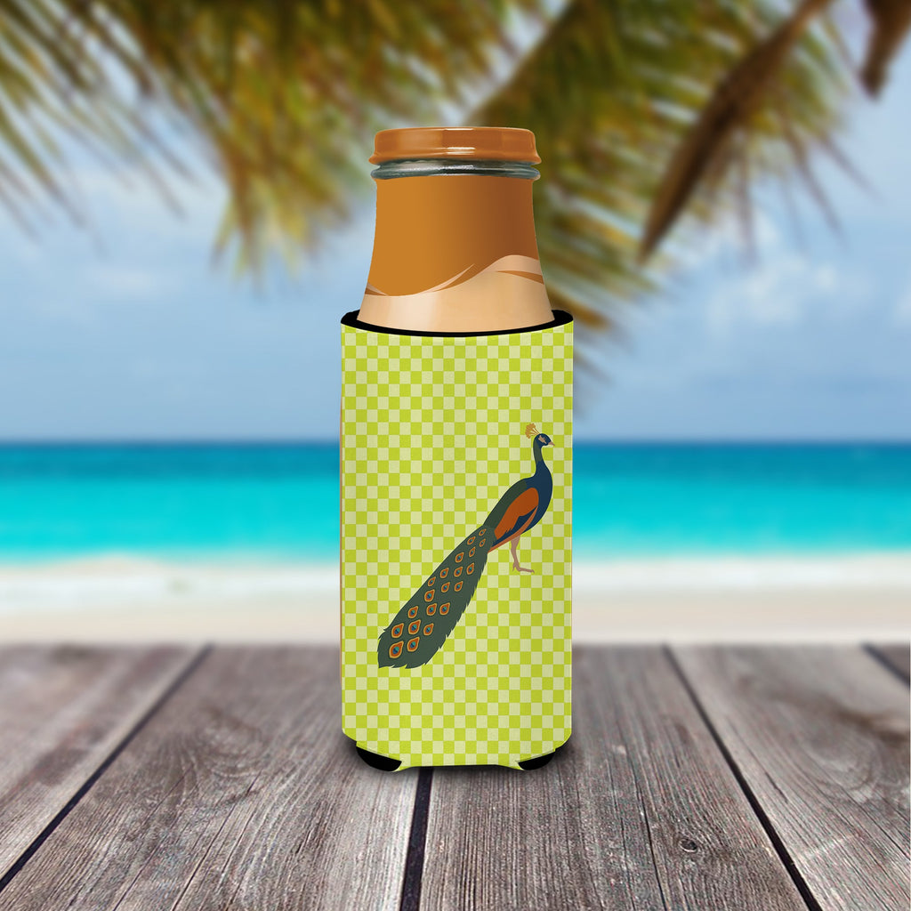 Indian Peacock Peafowl Green Slim Can Hugger , Insulated Foam Hugger for 12 oz Slim Cans, Beer Bottles & Water Bottles, Printed in USA