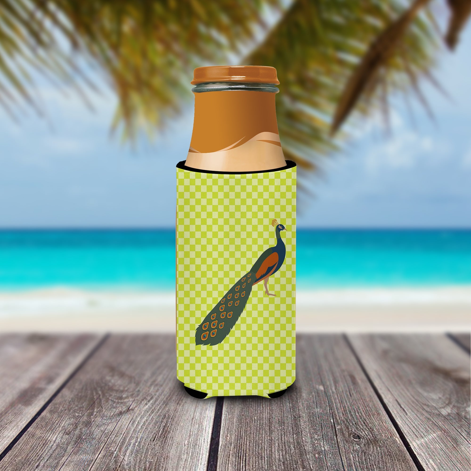 Indian Peacock Peafowl Green Slim Can Hugger , Insulated Foam Hugger for 12 oz Slim Cans, Beer Bottles & Water Bottles, Printed in USA