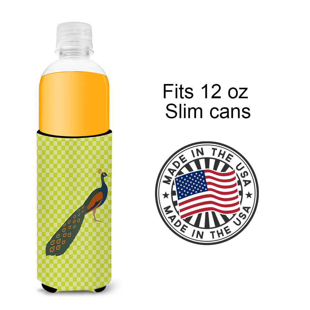 Indian Peacock Peafowl Green Slim Can Hugger , Insulated Foam Hugger for 12 oz Slim Cans, Beer Bottles & Water Bottles, Printed in USA