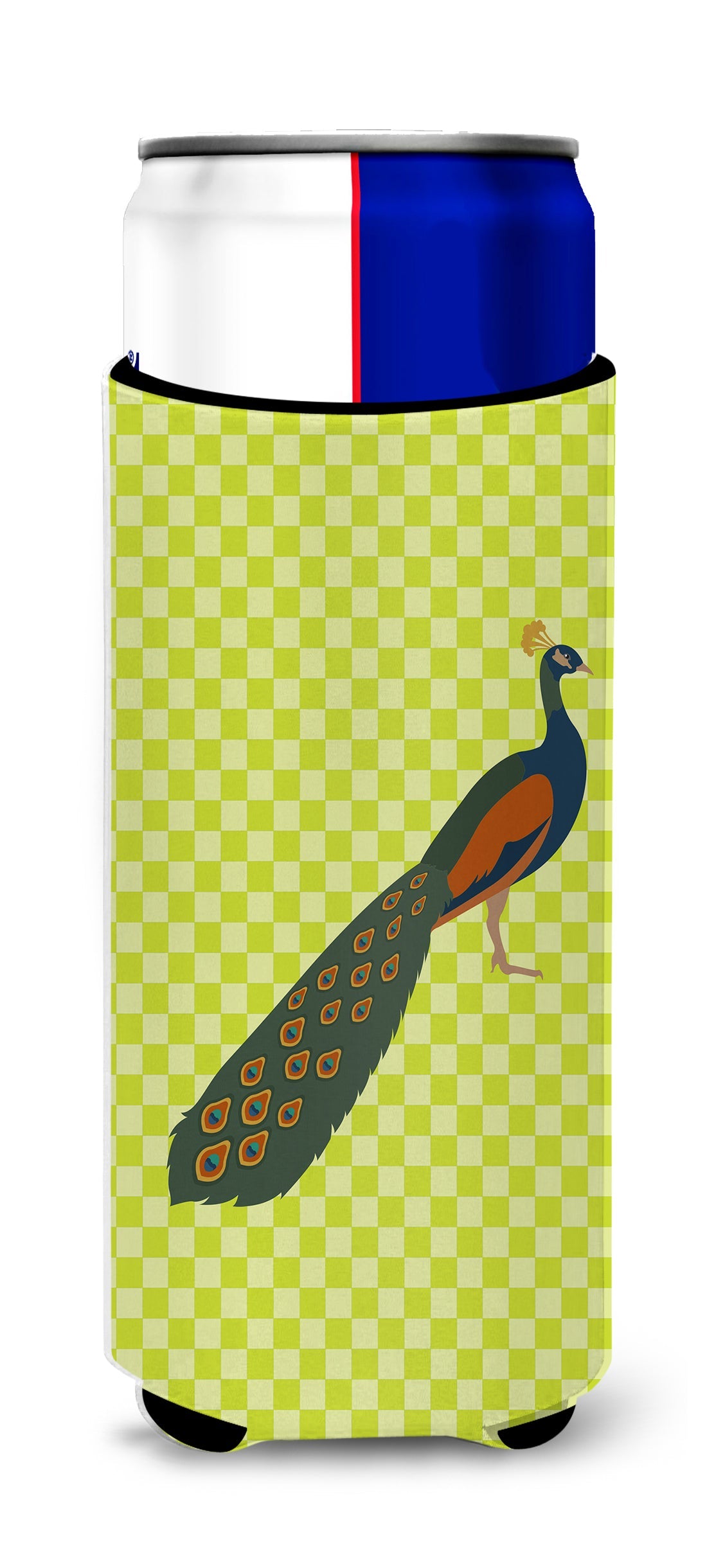 Indian Peacock Peafowl Green Slim Can Hugger , Insulated Foam Hugger for 12 oz Slim Cans, Beer Bottles & Water Bottles, Printed in USA
