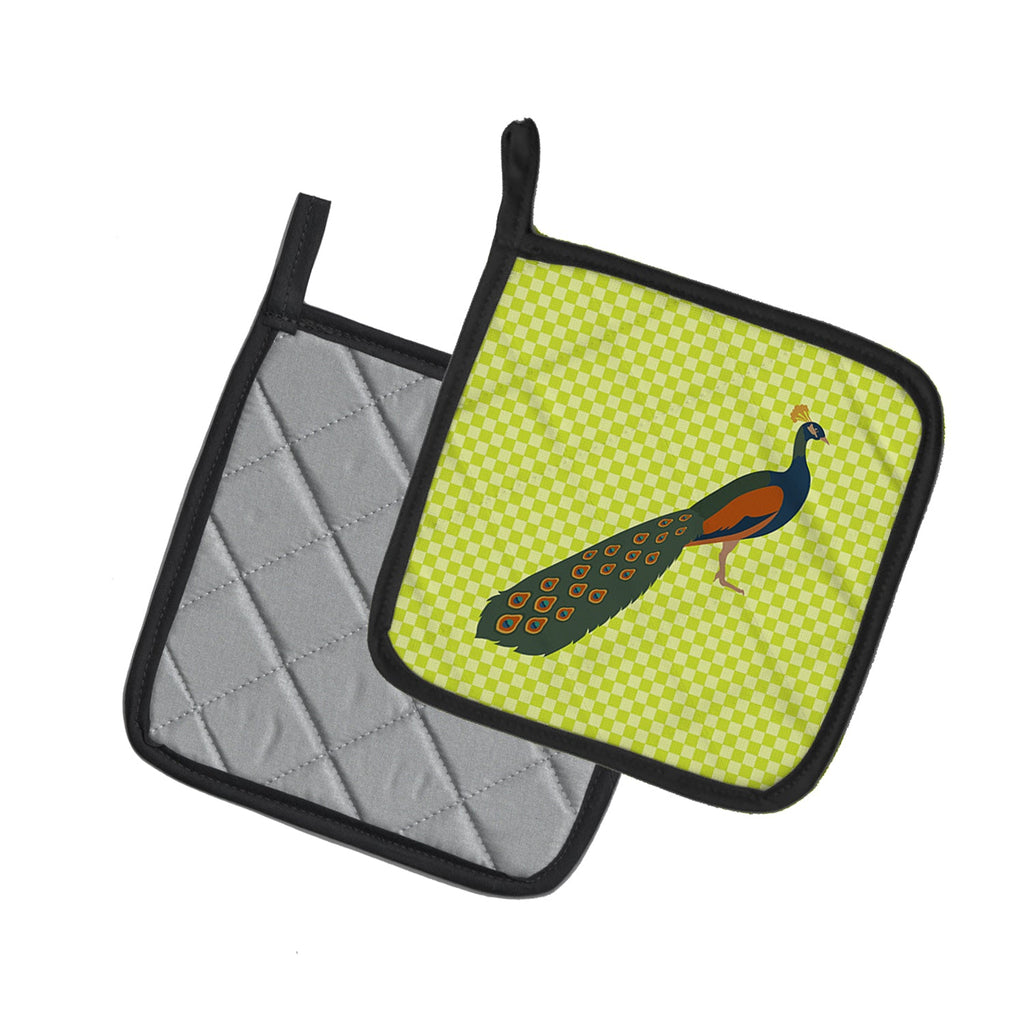 Indian Peacock Peafowl Green Pot Holder Set of 2 Heat Resistant Quilted Hot Pads 7.5 x 7.5 Inch, Insulated Kitchen Trivets for Cooking & Baking