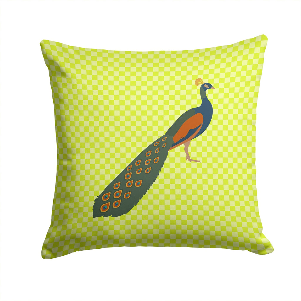 Indian Peacock Peafowl Green Decorative Throw Pillow 14x14 Indoor Outdoor Accent Cushion, Fabric Cover with Insert for Sofa, Bed, Porch & Living Room