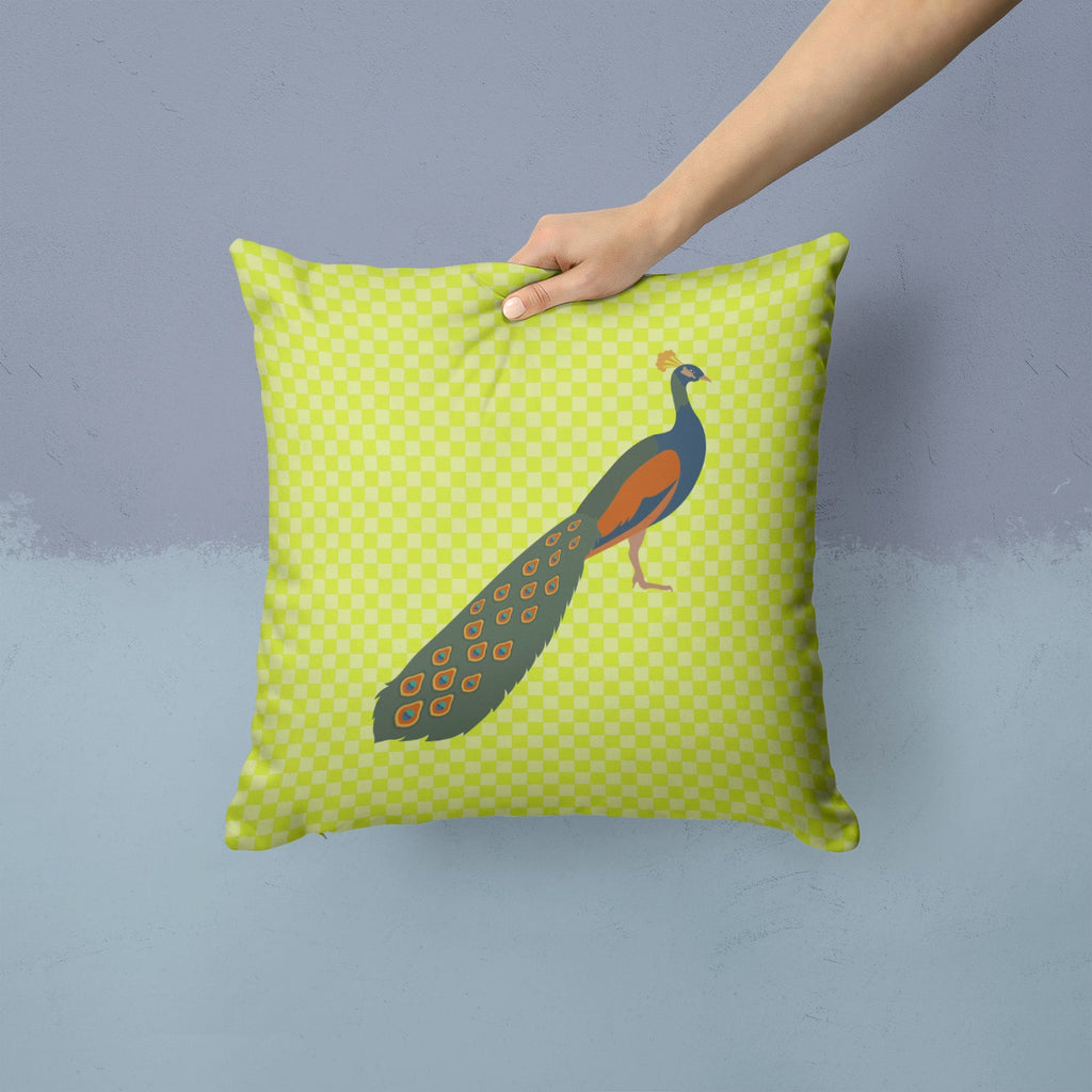 Indian Peacock Peafowl Green Decorative Throw Pillow 14x14 Indoor Outdoor Accent Cushion, Fabric Cover with Insert for Sofa, Bed, Porch & Living Room
