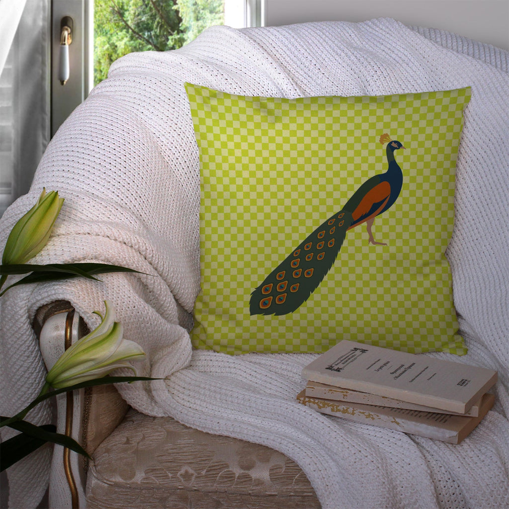 Indian Peacock Peafowl Green Decorative Throw Pillow 14x14 Indoor Outdoor Accent Cushion, Fabric Cover with Insert for Sofa, Bed, Porch & Living Room