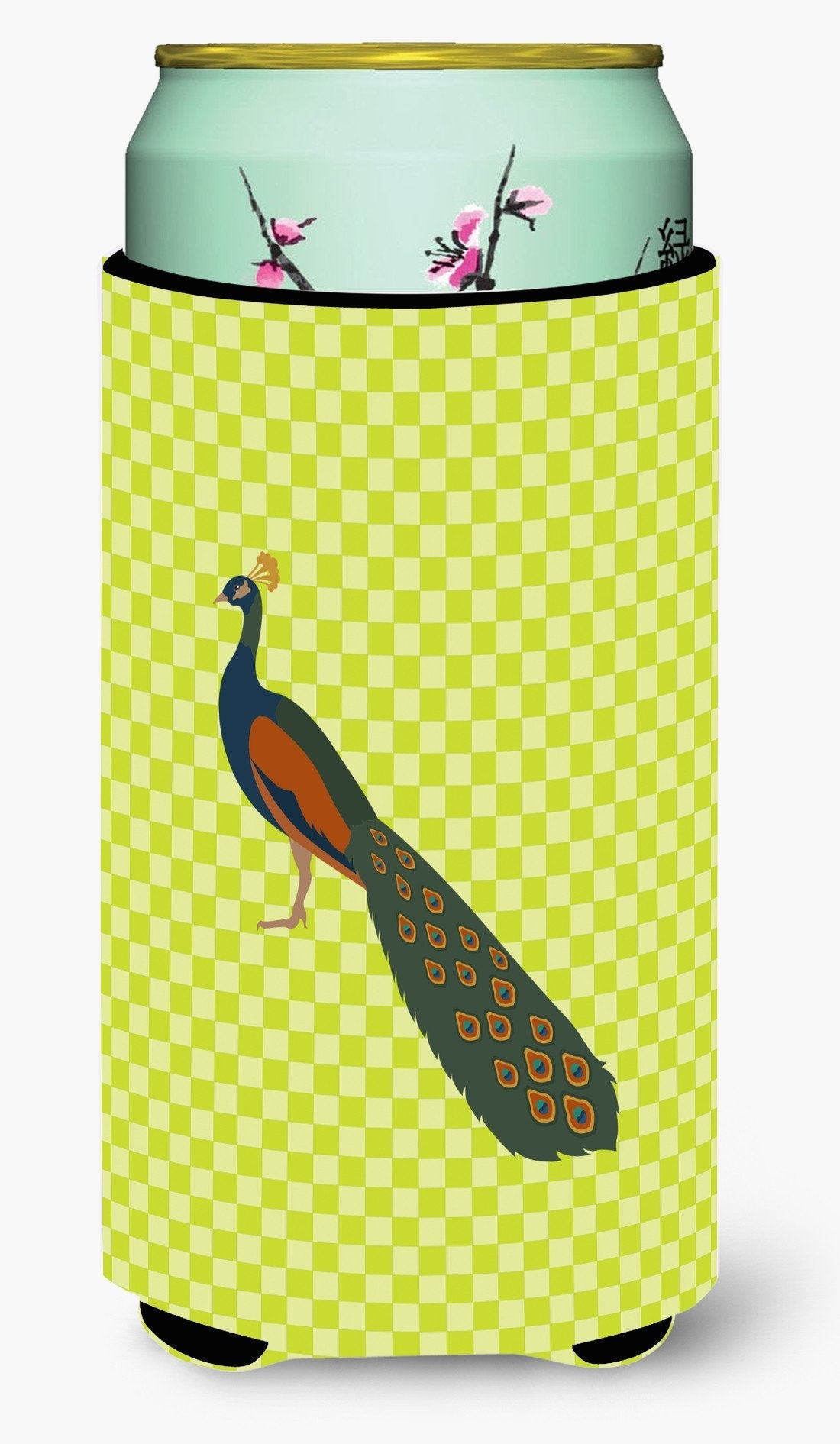Indian Peacock Peafowl Green Tall Boy Hugger Can Cooler Sleeve Machine Washable Drink Collapsible Insulator Beverage Insulated Holder