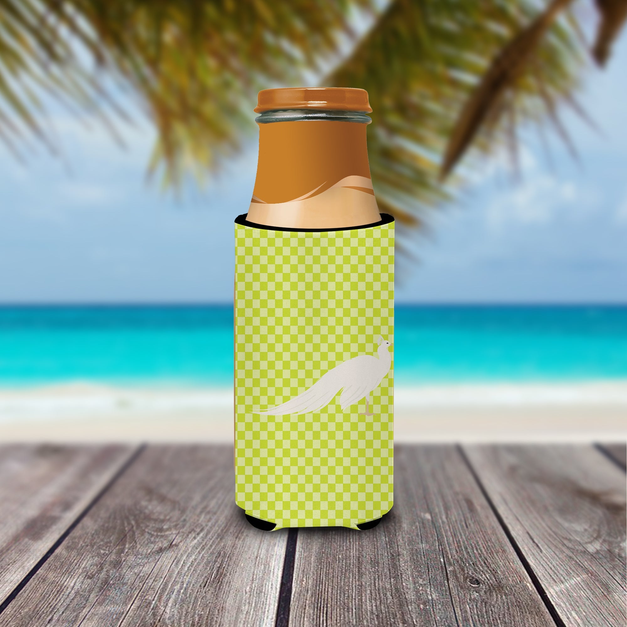 White Peacock Peafowl Green Slim Can Hugger , Insulated Foam Hugger for 12 oz Slim Cans, Beer Bottles & Water Bottles, Printed in USA