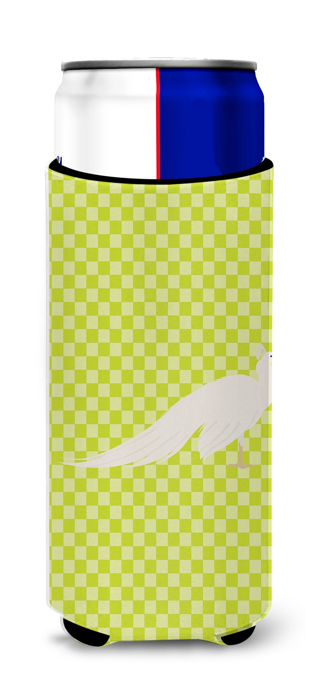 White Peacock Peafowl Green Slim Can Hugger , Insulated Foam Hugger for 12 oz Slim Cans, Beer Bottles & Water Bottles, Printed in USA