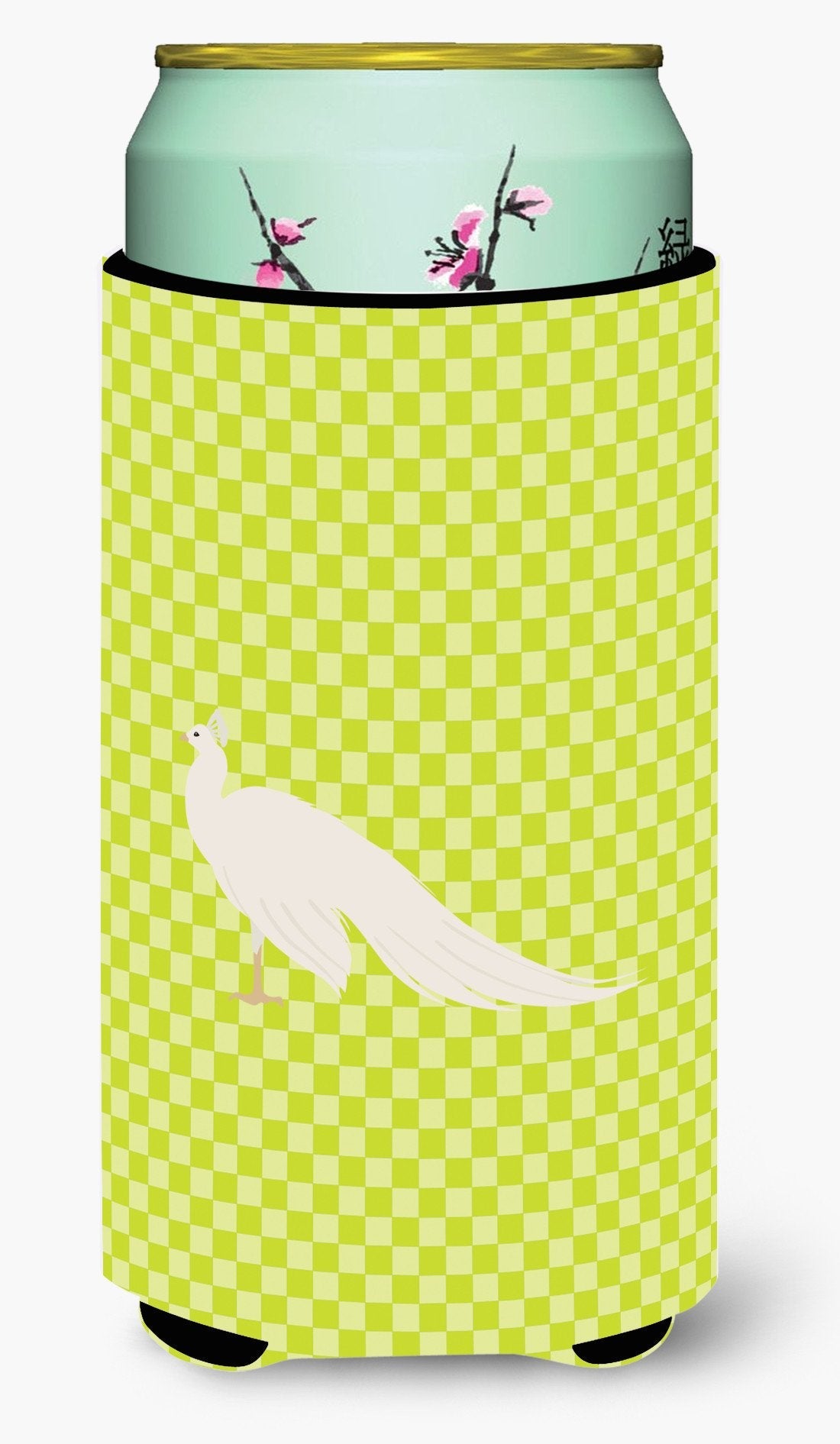 White Peacock Peafowl Green Tall Boy Hugger Can Cooler Sleeve Machine Washable Drink Collapsible Insulator Beverage Insulated Holder