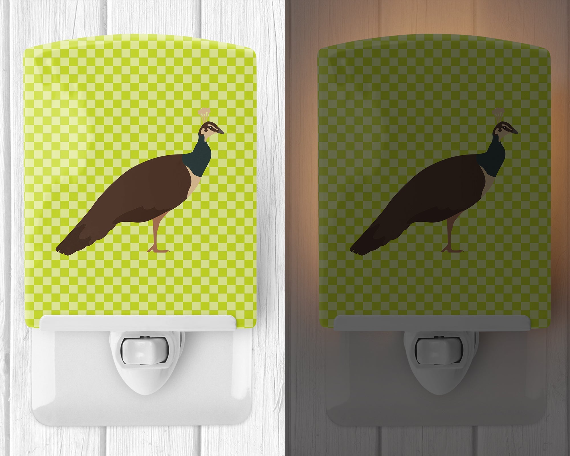 Indian Peahen Peafowl Green Ceramic Night Light Compact, UL-Certified, Ideal for Bedroom, Bathroom, Nursery, Hallway, Kitchen, 6x4x3, Multicolor