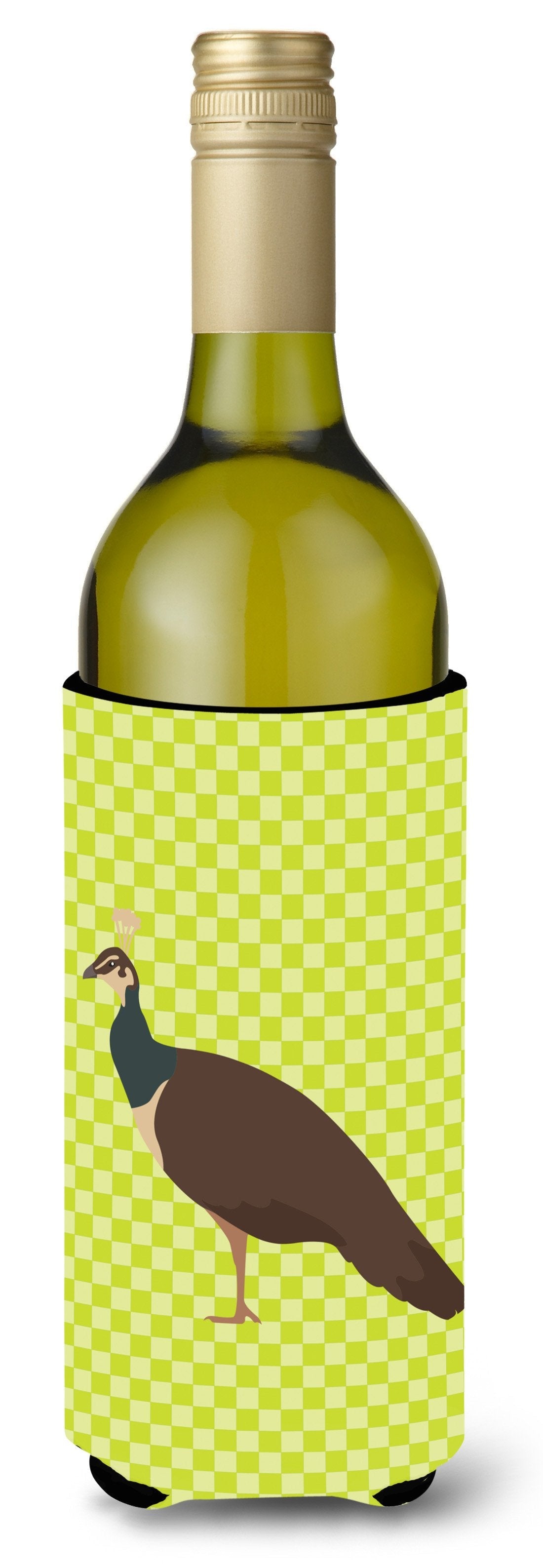 Indian Peahen Peafowl Green Wine Bottle Hugger Gift Sleeve for Standard 750 ml Bottles, Insulated Reusable Also Fits Mini Shot & Pint Bottles