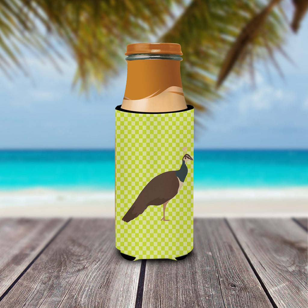 Indian Peahen Peafowl Green Slim Can Hugger , Insulated Foam Hugger for 12 oz Slim Cans, Beer Bottles & Water Bottles, Printed in USA