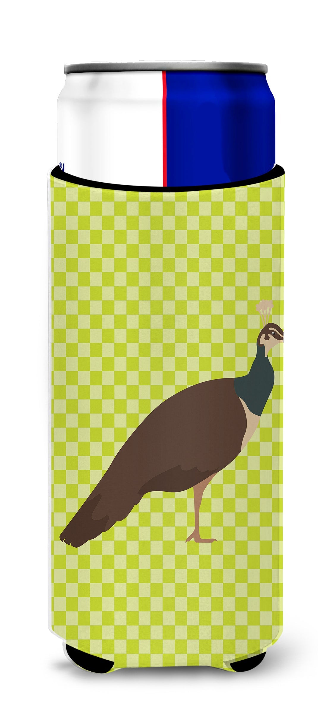 Indian Peahen Peafowl Green Slim Can Hugger , Insulated Foam Hugger for 12 oz Slim Cans, Beer Bottles & Water Bottles, Printed in USA