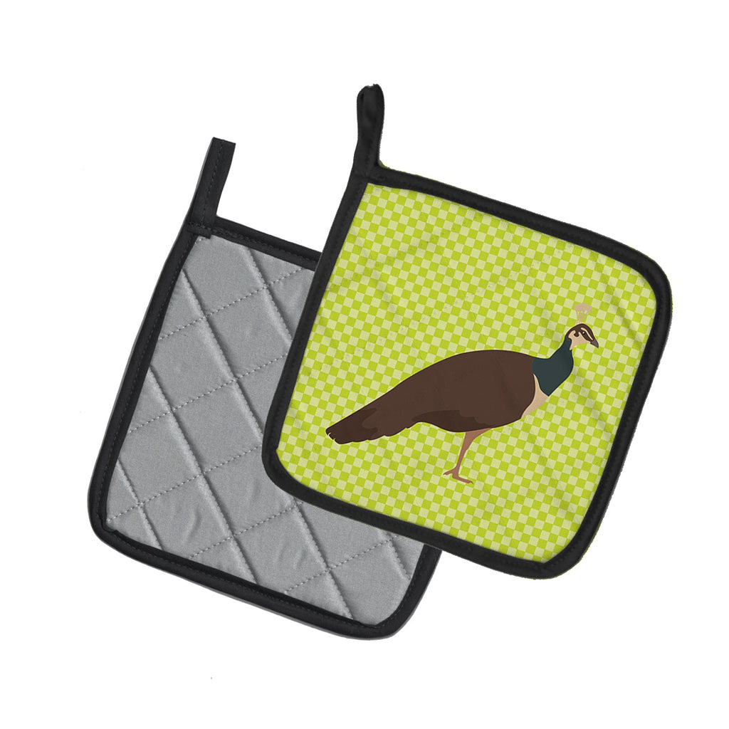Indian Peahen Peafowl Green Pot Holder Set of 2 Heat Resistant Quilted Hot Pads 7.5 x 7.5 Inch, Insulated Kitchen Trivets for Cooking & Baking