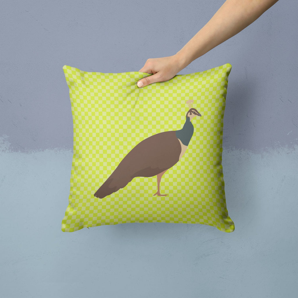Indian Peahen Peafowl Green Decorative Throw Pillow 14x14 Indoor Outdoor Accent Cushion, Fabric Cover with Insert for Sofa, Bed, Porch & Living Room