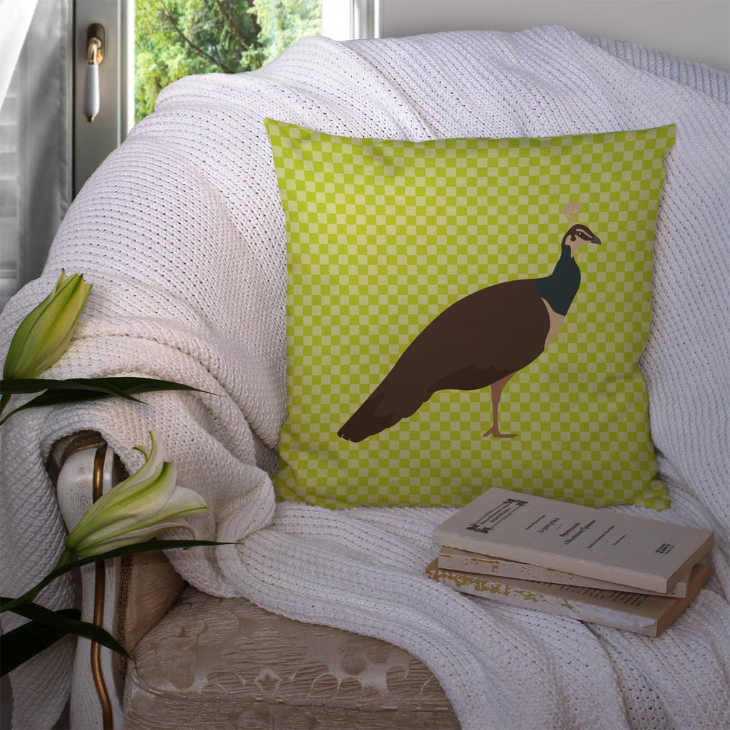 Indian Peahen Peafowl Green Decorative Throw Pillow 14x14 Indoor Outdoor Accent Cushion, Fabric Cover with Insert for Sofa, Bed, Porch & Living Room