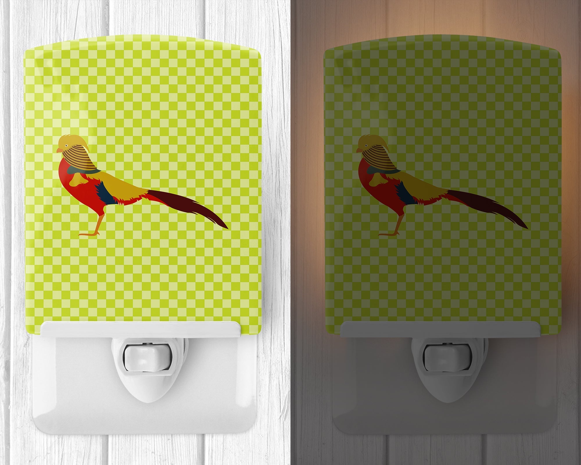 Golden or Chinese Pheasant Green Ceramic Night Light Compact, UL-Certified, Ideal for Bedroom, Bathroom, Nursery, Hallway, Kitchen, 6x4x3, Multicolor