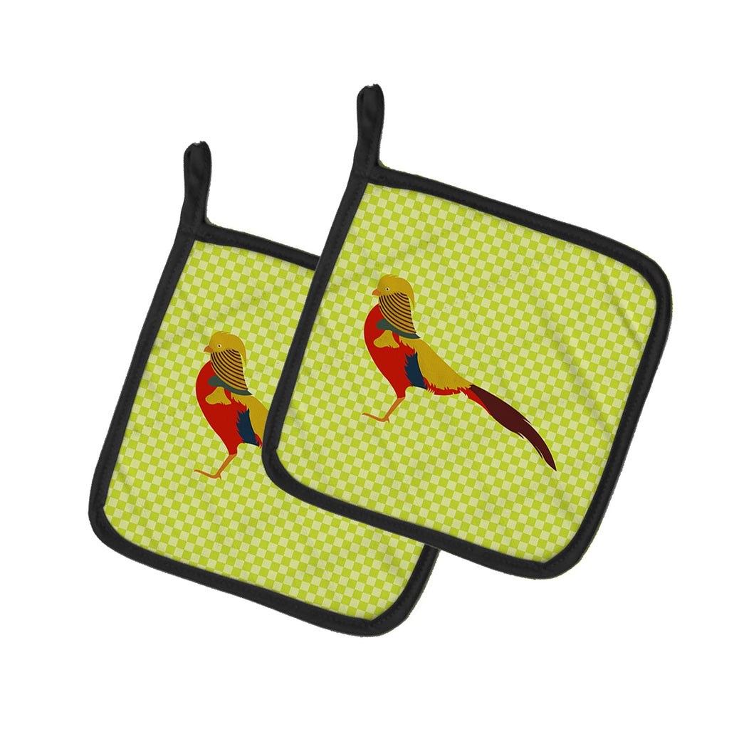 Golden or Chinese Pheasant Green Pot Holder Set of 2 Heat Resistant Quilted Hot Pads 7.5 x 7.5 Inch, Insulated Kitchen Trivets for Cooking & Baking