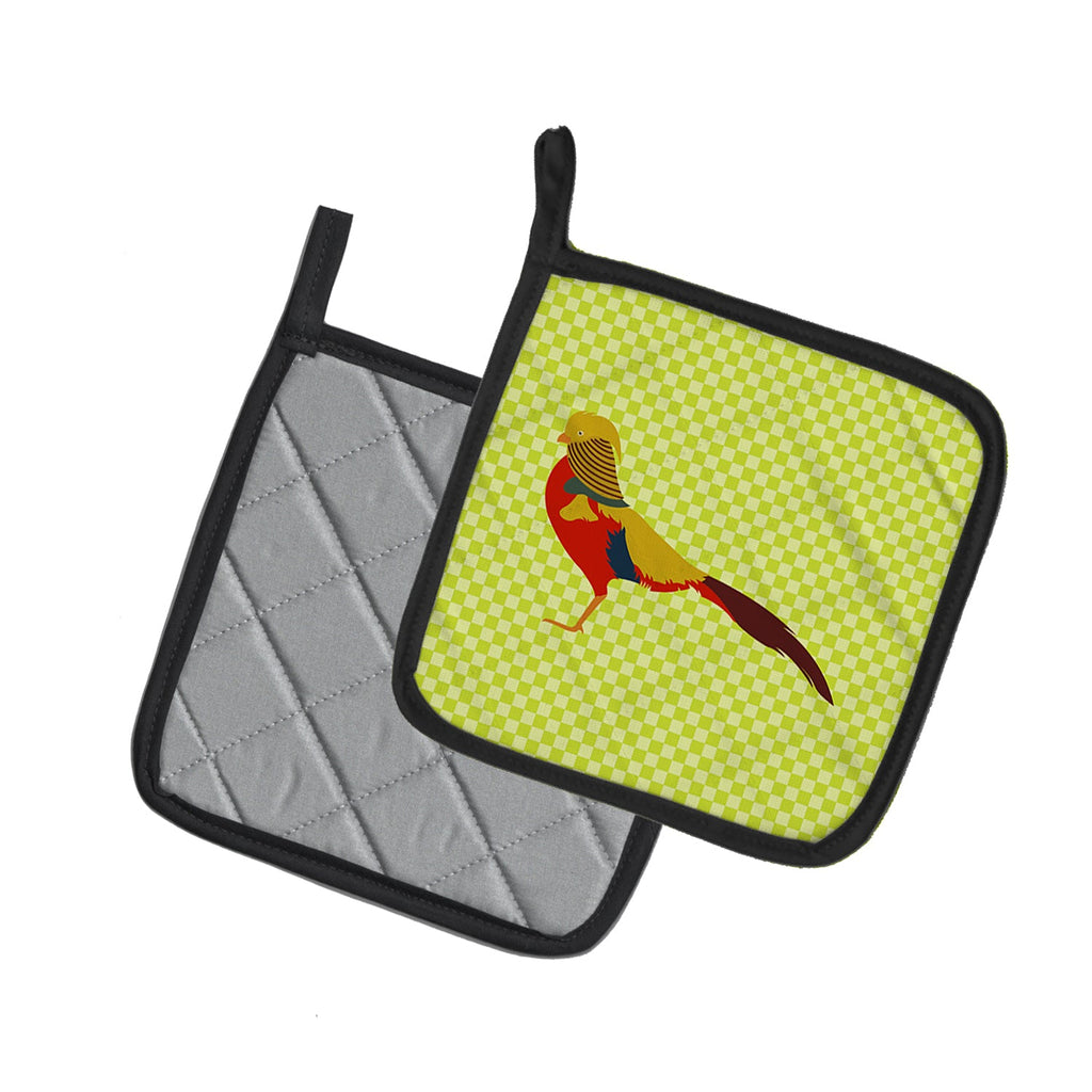 Golden or Chinese Pheasant Green Pot Holder Set of 2 Heat Resistant Quilted Hot Pads 7.5 x 7.5 Inch, Insulated Kitchen Trivets for Cooking & Baking