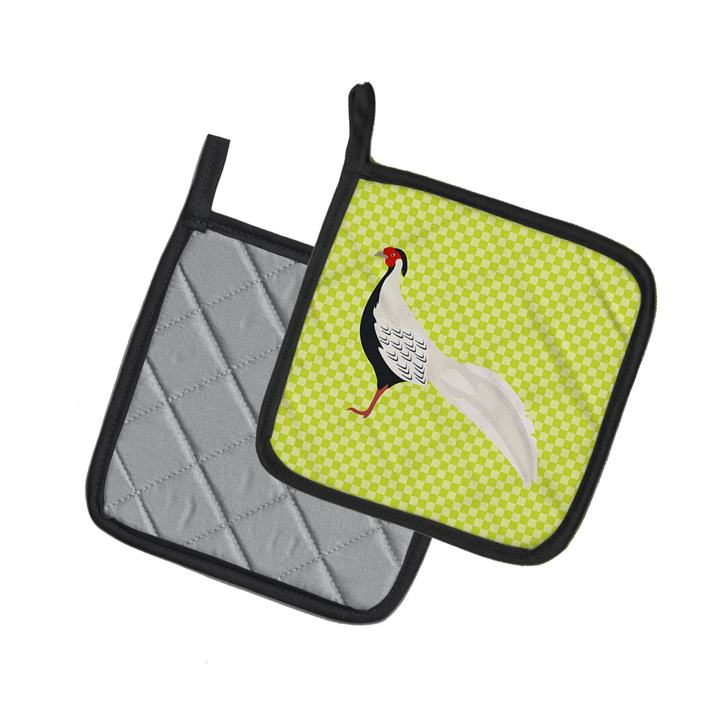 Silver Pheasant Green Pot Holder Set of 2 Heat Resistant Quilted Hot Pads 7.5 x 7.5 Inch, Insulated Kitchen Trivets for Cooking & Baking