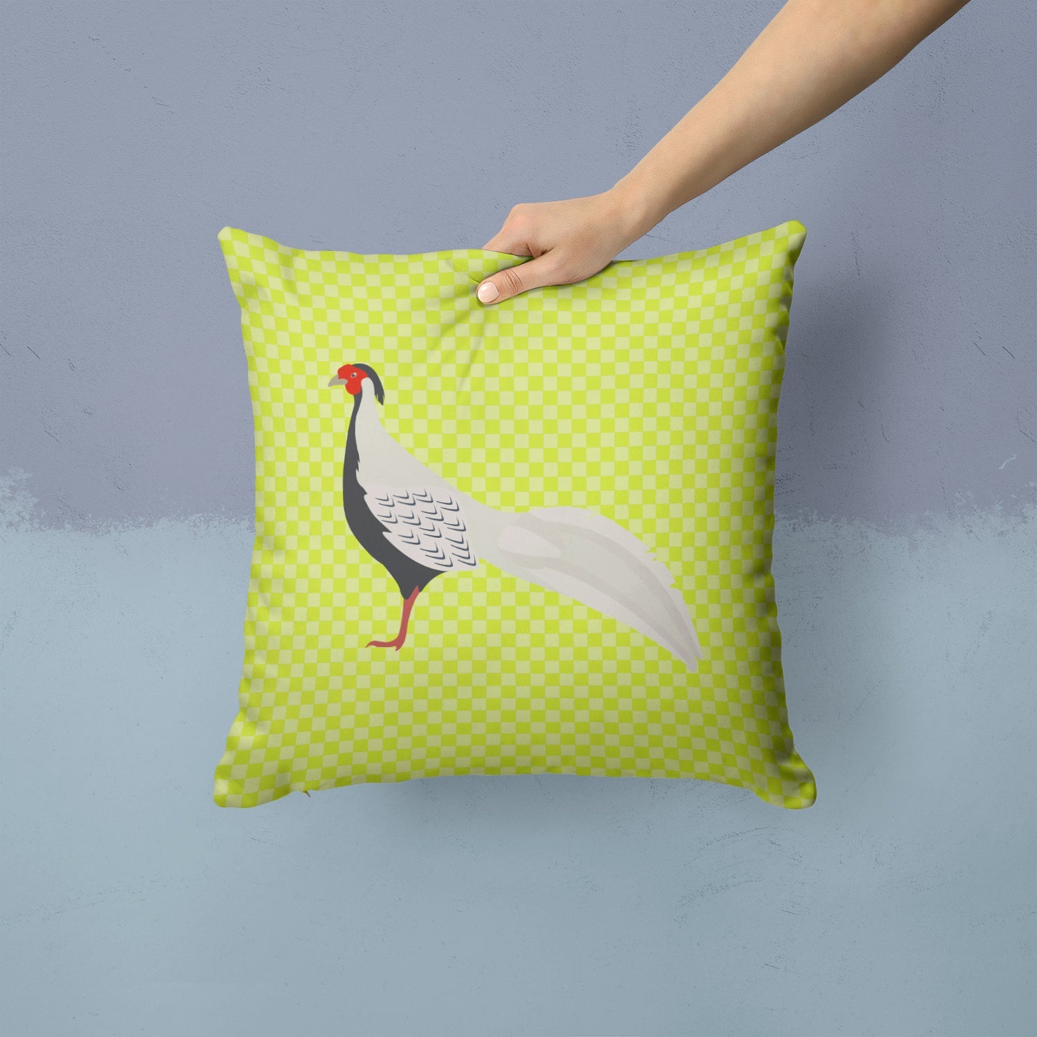 Silver Pheasant Green Decorative Throw Pillow 14x14 Indoor Outdoor Accent Cushion, Fabric Cover with Insert for Sofa, Bed, Porch & Living Room