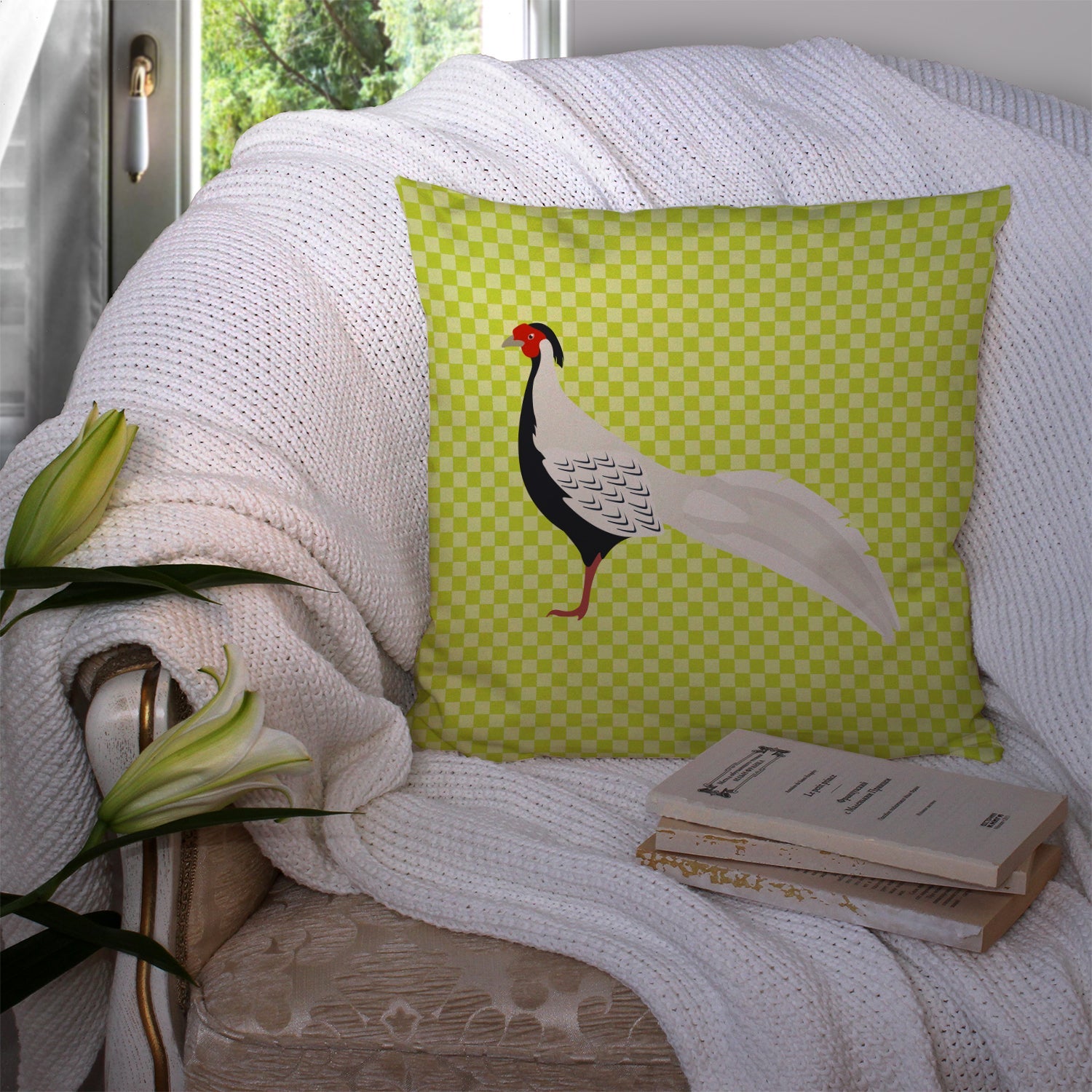 Silver Pheasant Green Decorative Throw Pillow 14x14 Indoor Outdoor Accent Cushion, Fabric Cover with Insert for Sofa, Bed, Porch & Living Room