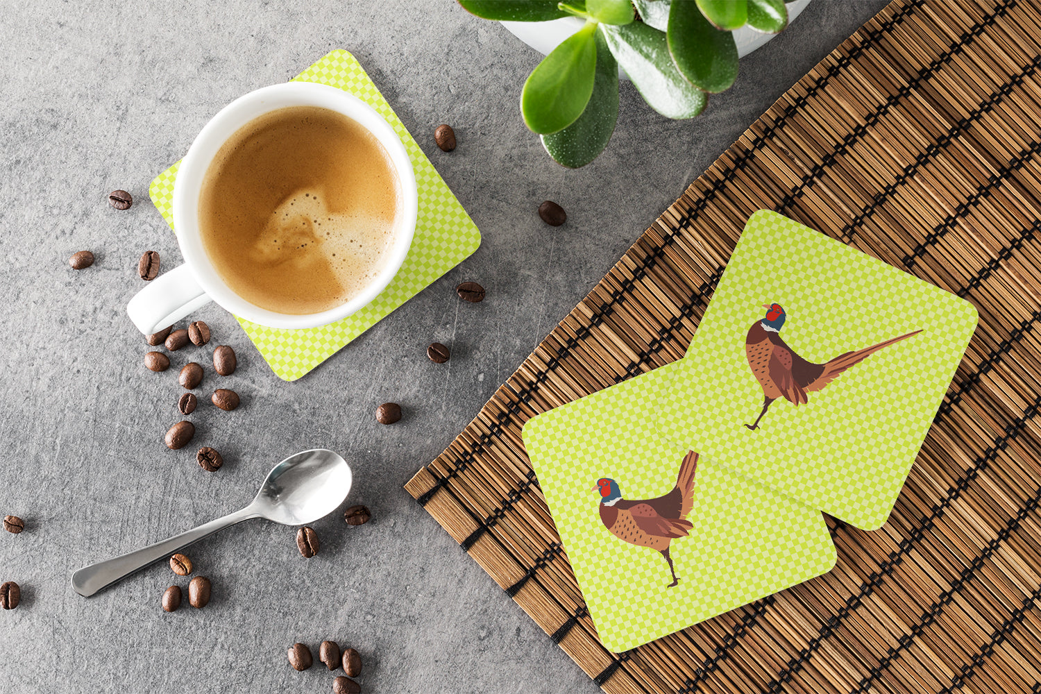 Ring-necked Common Pheasant Green Foam Coasters Set of 4 Cup Coasters for Indoor Outdoor, Tabletop Protection, Anti Slip, Mouse pad Material