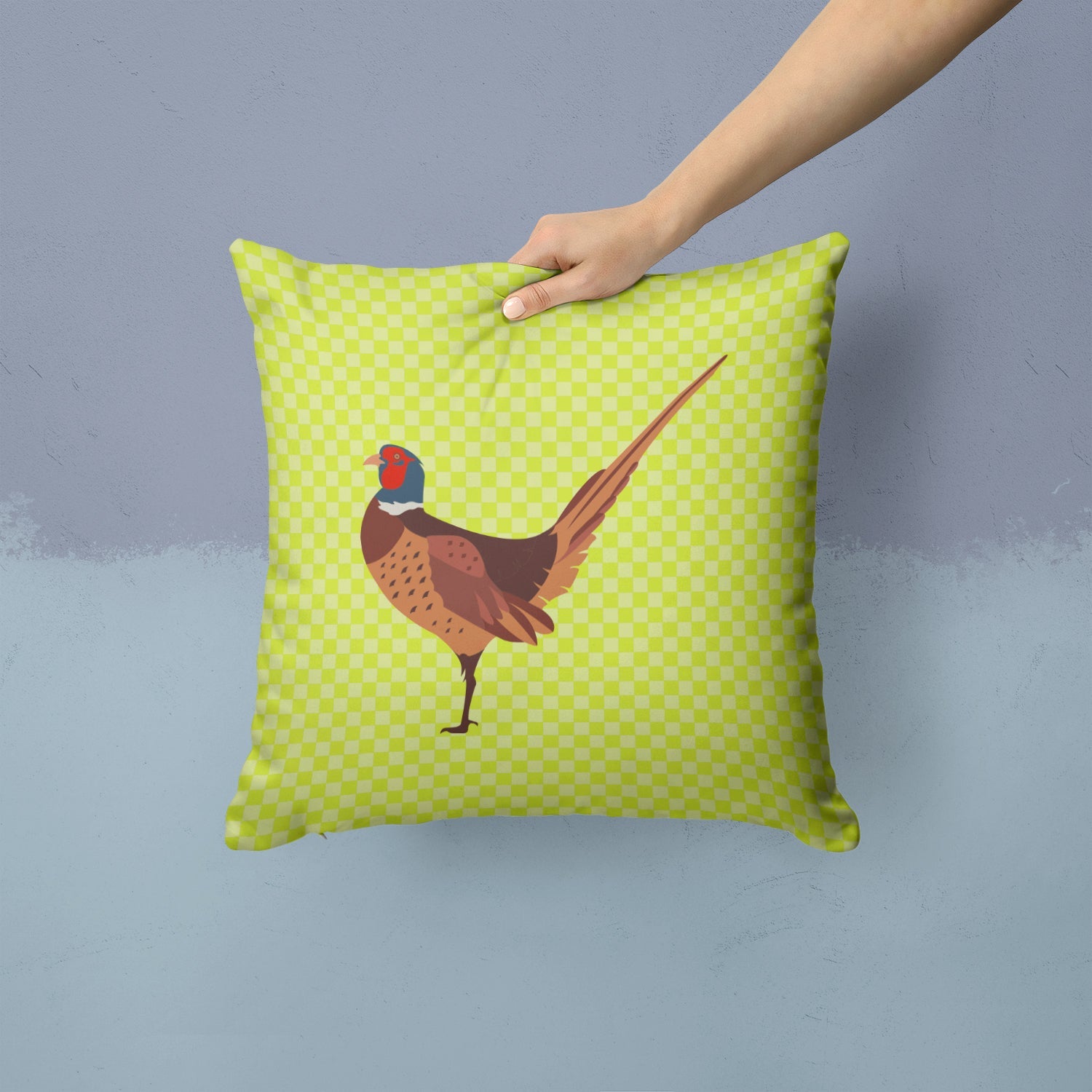 Ring-necked Common Pheasant Green Decorative Throw Pillow 14x14 Indoor Outdoor Accent Cushion, Fabric Cover with Insert for Sofa, Bed, Porch & Living Room