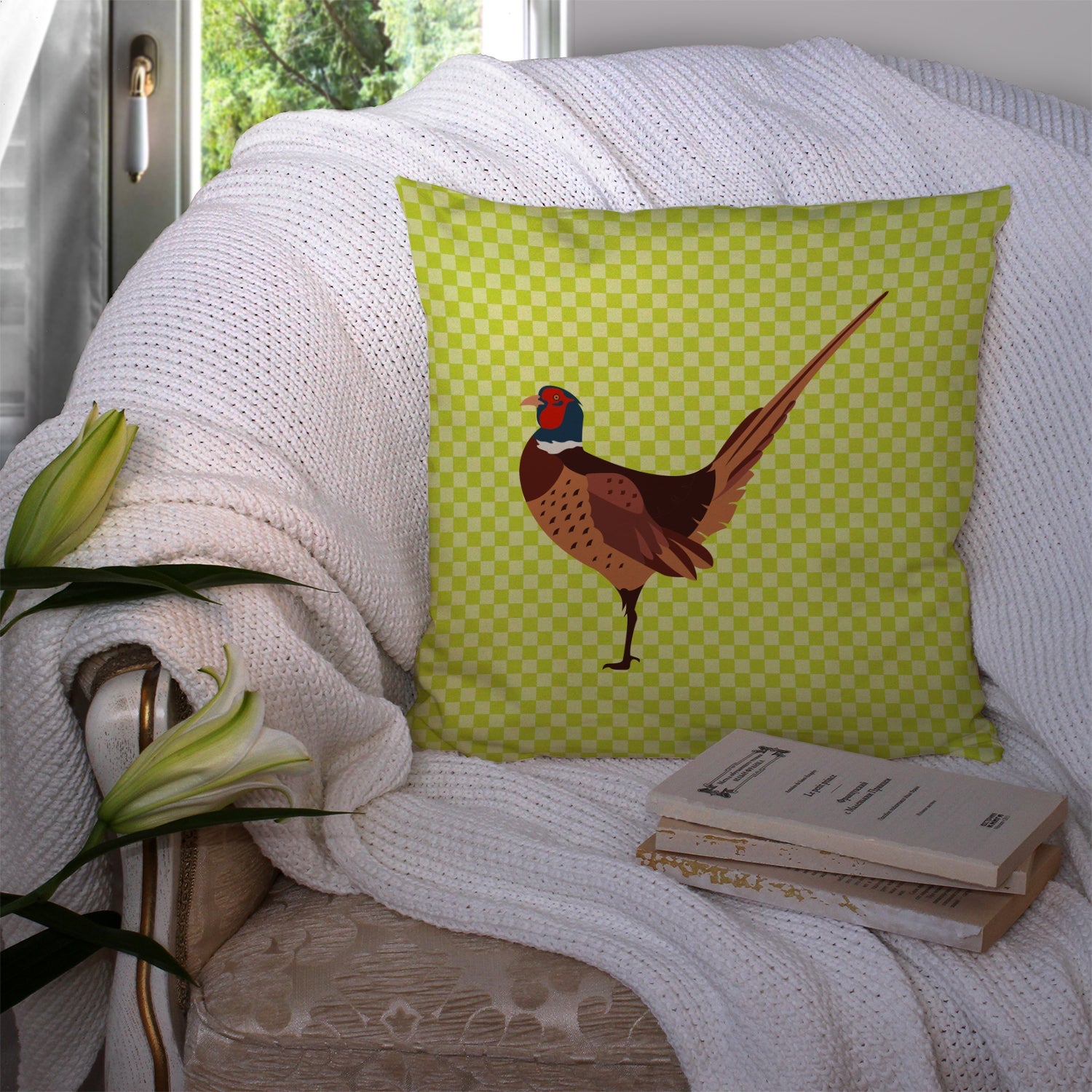 Ring-necked Common Pheasant Green Decorative Throw Pillow 14x14 Indoor Outdoor Accent Cushion, Fabric Cover with Insert for Sofa, Bed, Porch & Living Room