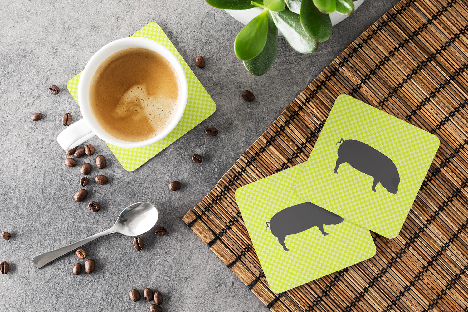 Devon Large Black Pig Green Foam Coasters Set of 4 Cup Coasters for Indoor Outdoor, Tabletop Protection, Anti Slip, Mouse pad Material
