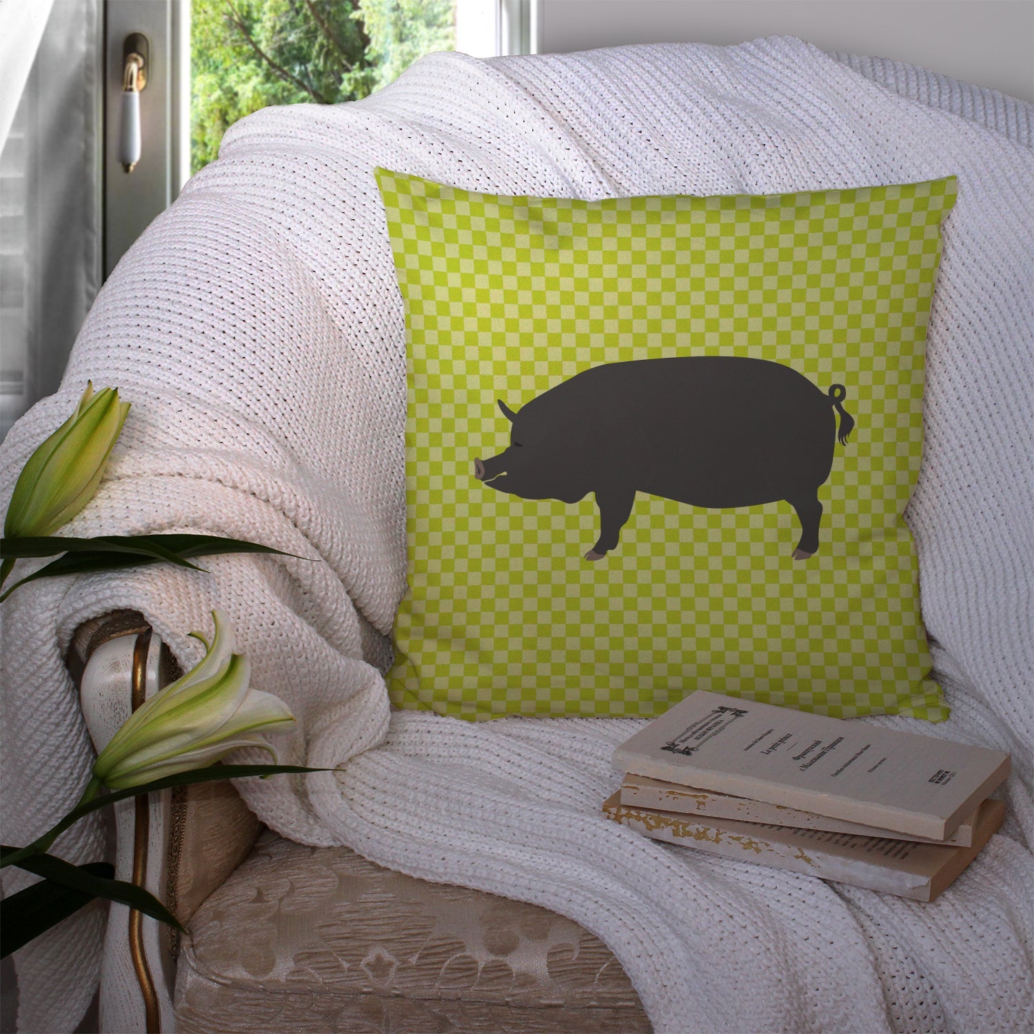Berkshire Pig Green Decorative Throw Pillow 14x14 Indoor Outdoor Accent Cushion, Fabric Cover with Insert for Sofa, Bed, Porch & Living Room