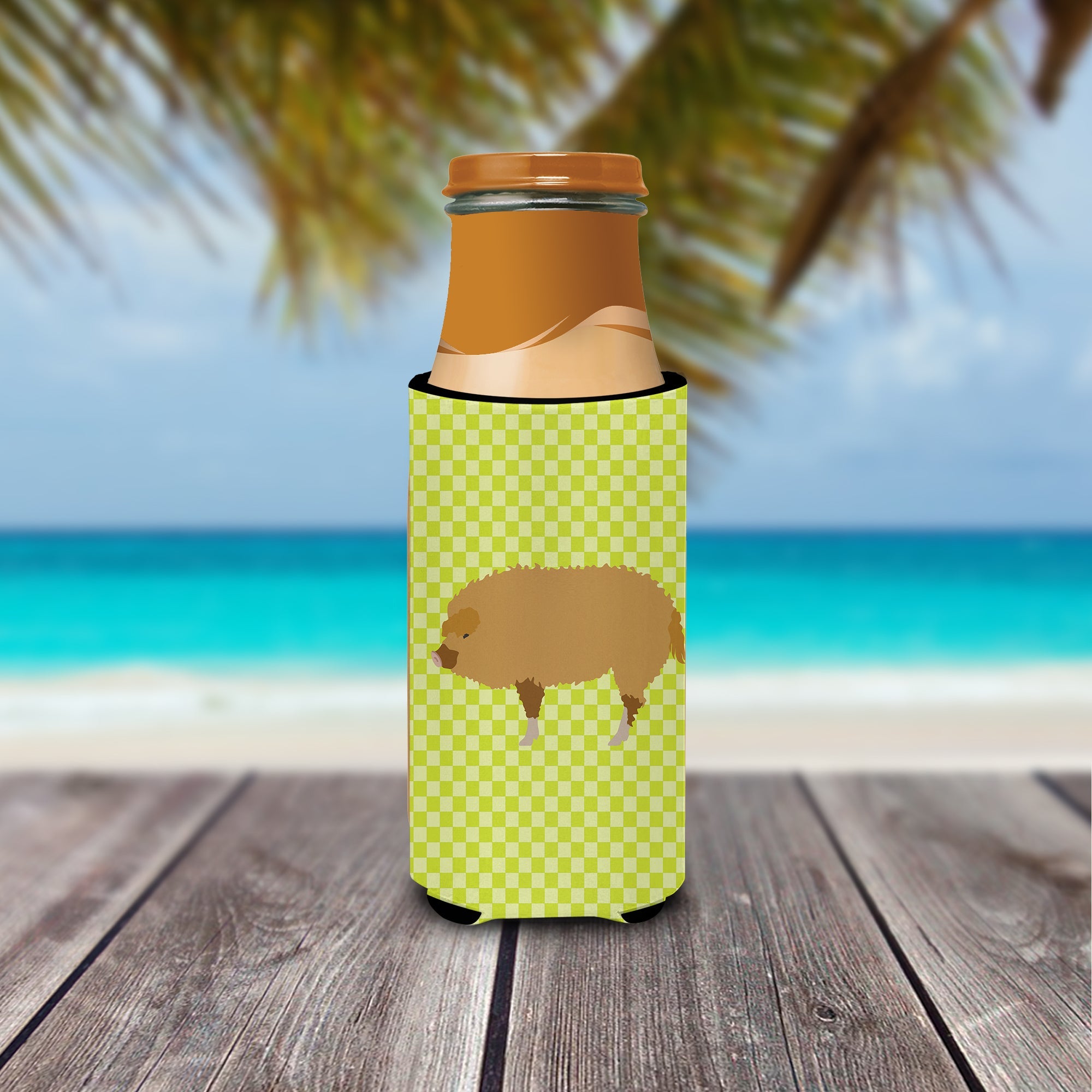 Hungarian Mangalica Pig Green Slim Can Hugger , Insulated Foam Hugger for 12 oz Slim Cans, Beer Bottles & Water Bottles, Printed in USA