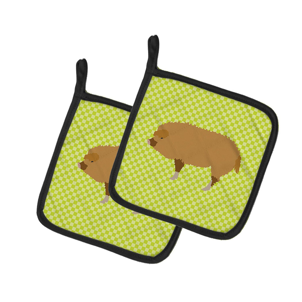 Hungarian Mangalica Pig Green Pot Holder Set of 2 Heat Resistant Quilted Hot Pads 7.5 x 7.5 Inch, Insulated Kitchen Trivets for Cooking & Baking