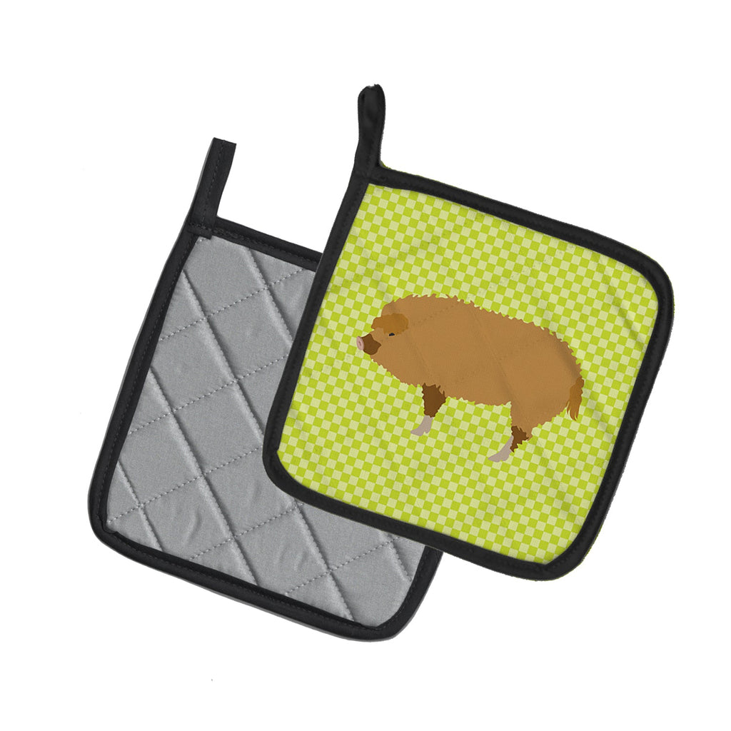 Hungarian Mangalica Pig Green Pot Holder Set of 2 Heat Resistant Quilted Hot Pads 7.5 x 7.5 Inch, Insulated Kitchen Trivets for Cooking & Baking
