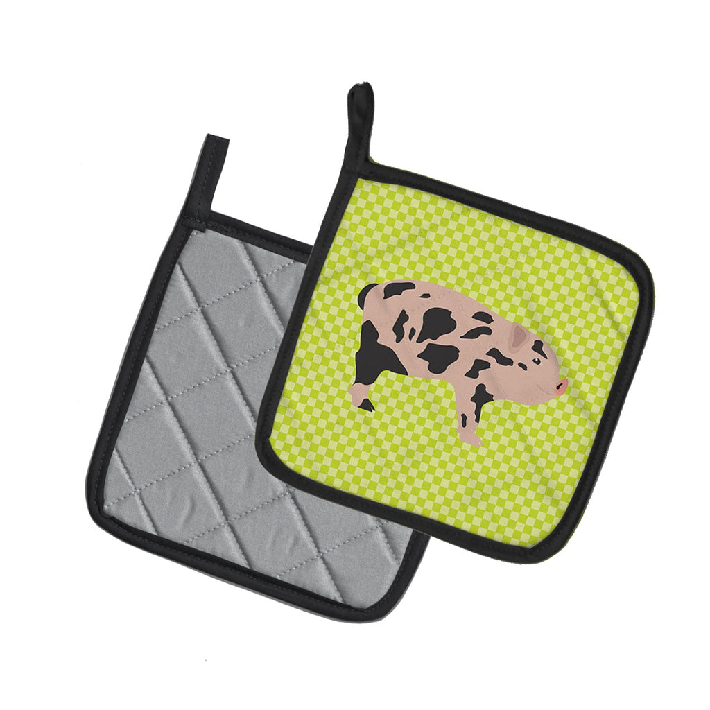 Mini Miniature Pig Green Pot Holder Set of 2 Heat Resistant Quilted Hot Pads 7.5 x 7.5 Inch, Insulated Kitchen Trivets for Cooking & Baking