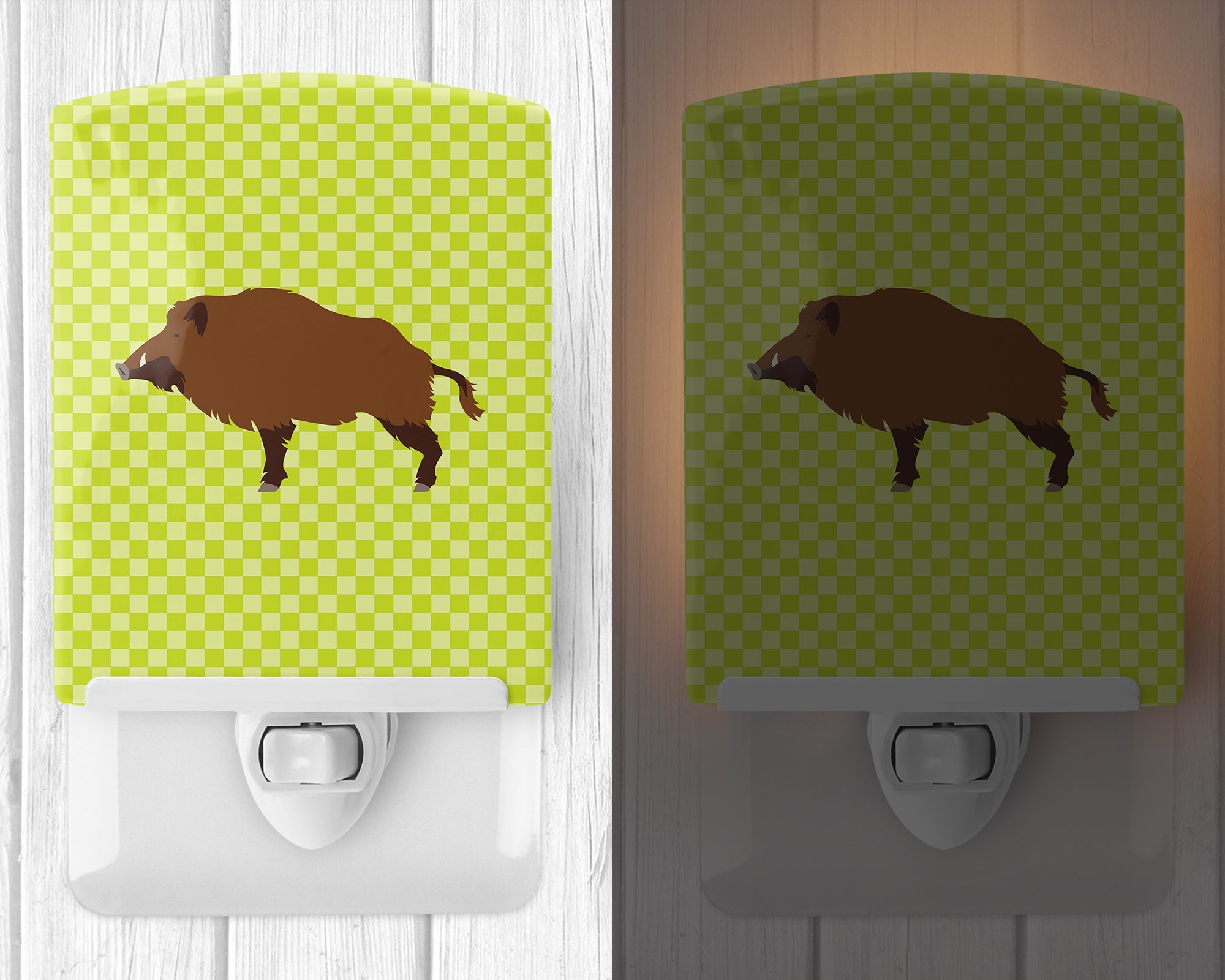Wild Boar Pig Green Ceramic Night Light Compact, UL-Certified, Ideal for Bedroom, Bathroom, Nursery, Hallway, Kitchen, 6x4x3, Multicolor