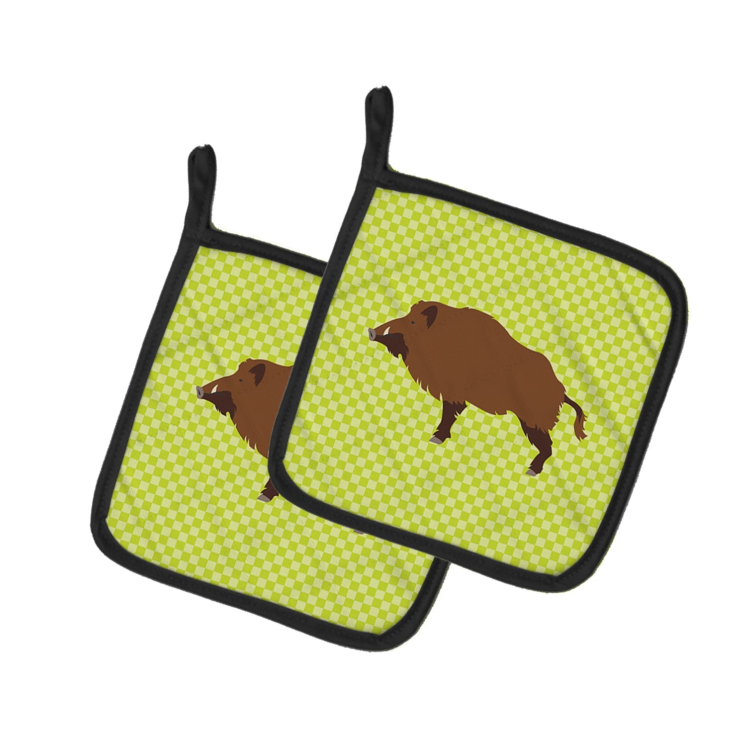 Wild Boar Pig Green Pot Holder Set of 2 Heat Resistant Quilted Hot Pads 7.5 x 7.5 Inch, Insulated Kitchen Trivets for Cooking & Baking