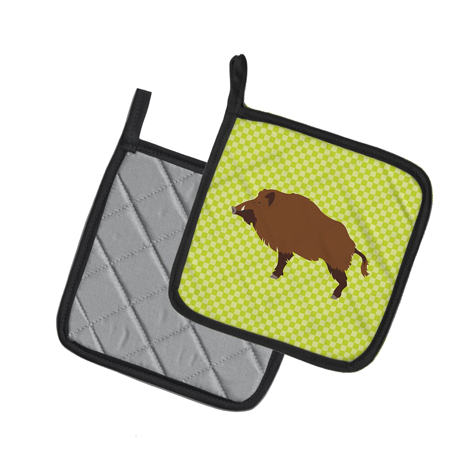 Wild Boar Pig Green Pot Holder Set of 2 Heat Resistant Quilted Hot Pads 7.5 x 7.5 Inch, Insulated Kitchen Trivets for Cooking & Baking