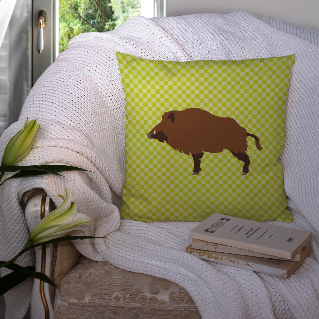 Wild Boar Pig Green Decorative Throw Pillow 14x14 Indoor Outdoor Accent Cushion, Fabric Cover with Insert for Sofa, Bed, Porch & Living Room