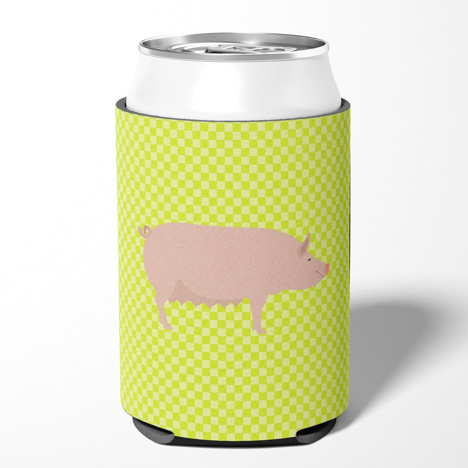 English Large White Pig Green Can or Bottle Hugger Cooler Sleeve for Standard 12 oz Cans, Insulated Foam Beer & Soda Can Hugger Reusable
