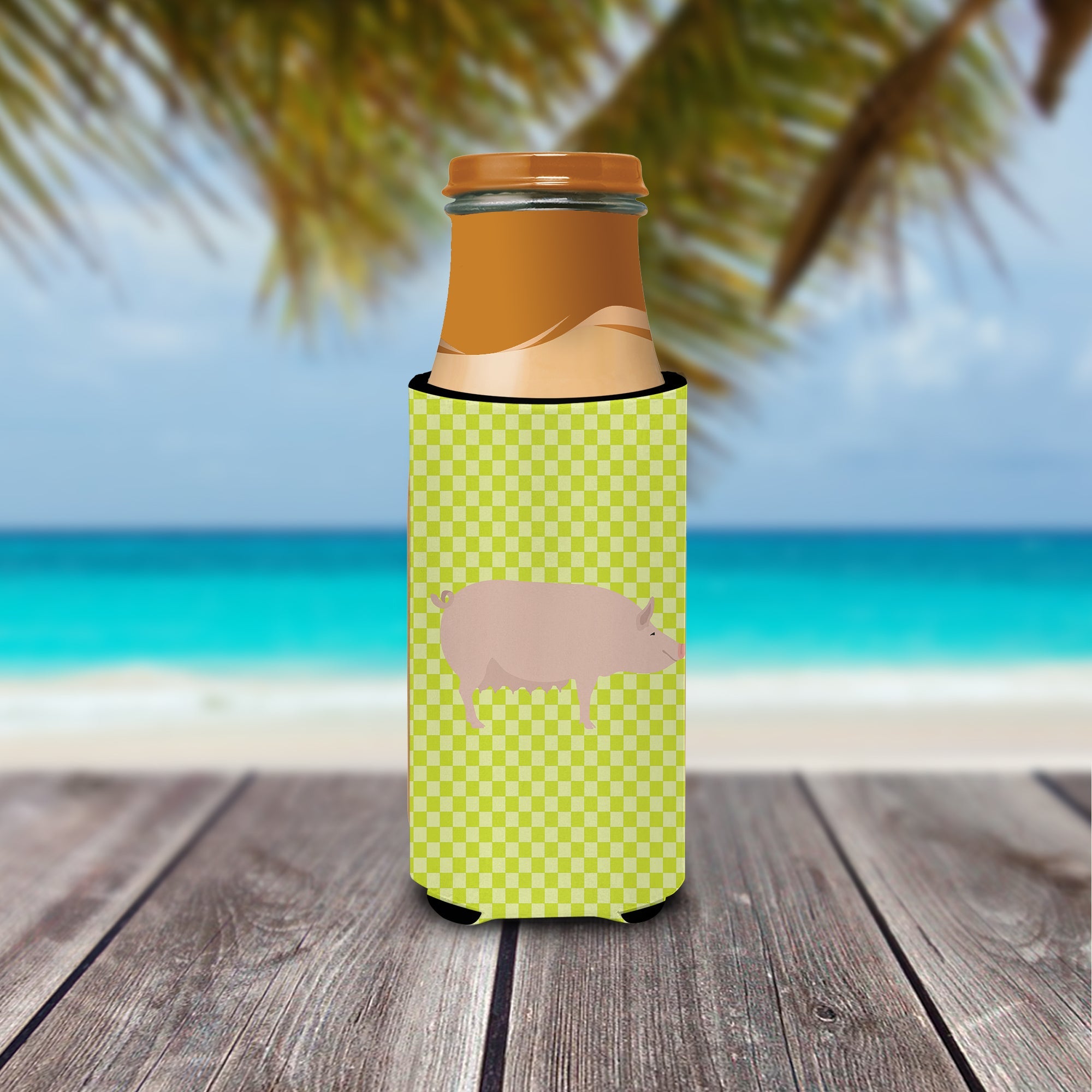 English Large White Pig Green Slim Can Hugger , Insulated Foam Hugger for 12 oz Slim Cans, Beer Bottles & Water Bottles, Printed in USA